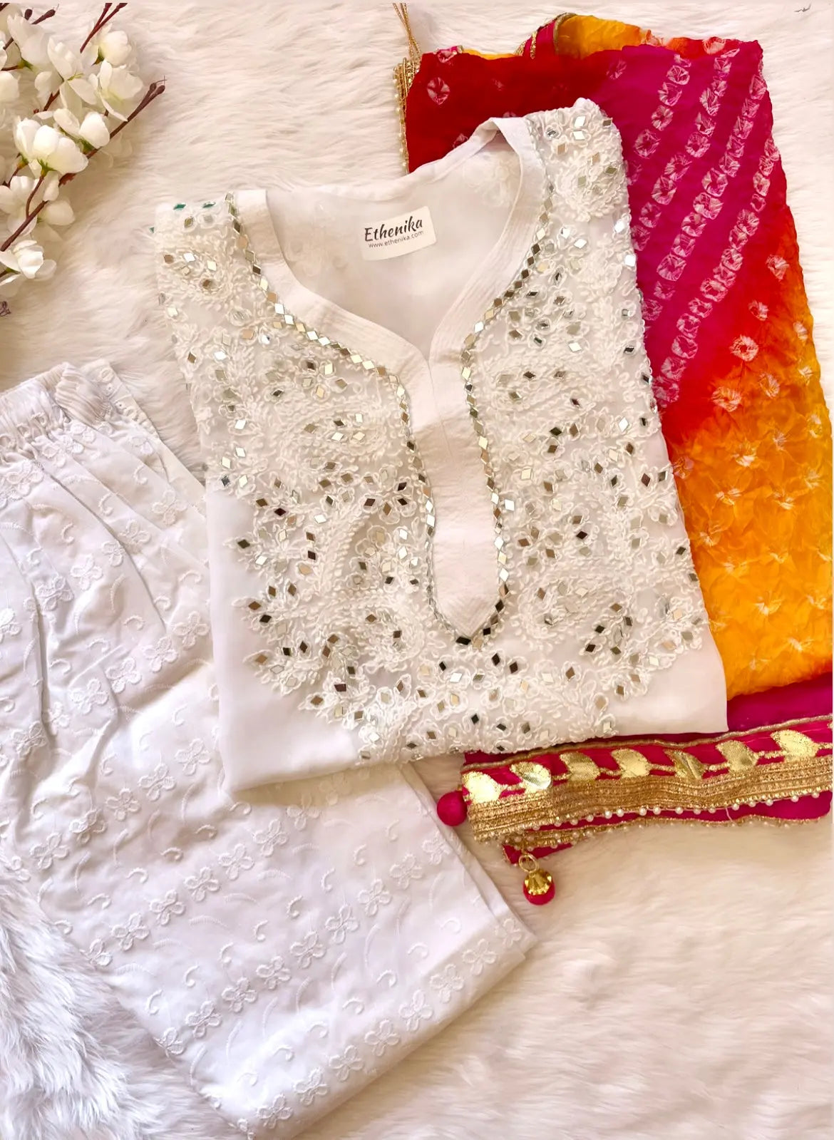 Real Mirror Work Chikankari Kurti with Pant and Bandhani Work Dupatta Set (Stitched) - Premium  from Ethenika.com - Just INR 2190! Shop now at Ethenika.com 
