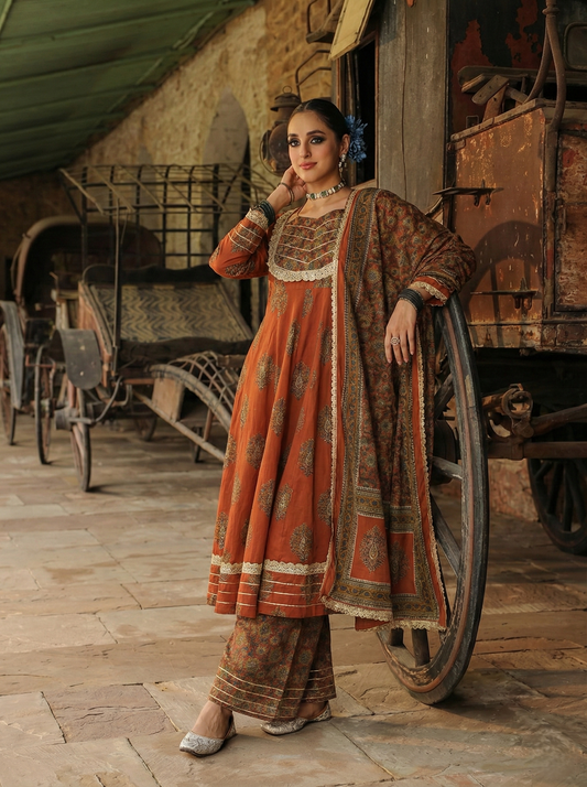 Rust Cotton Embroidered Anarkali Kurta Set with Dupatta for Women