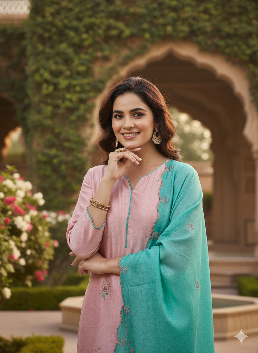 Rose Pink Embroidered Chinon Kurta with Dupatta Set |  Embroidered Kurta Set With Dupatta |  front half side