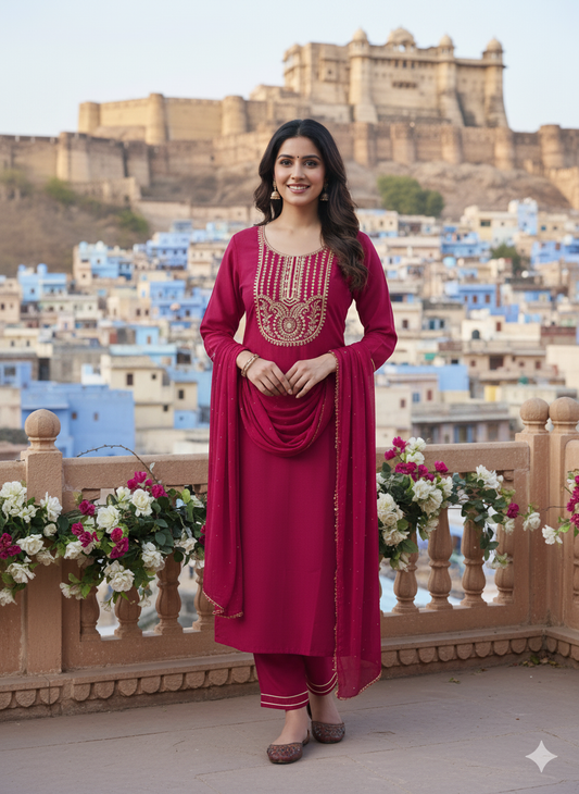 Rani Embroidered Chinon Kurta with Dupatta Set | Embroidered Kurta Set With Dupatta | frontside view