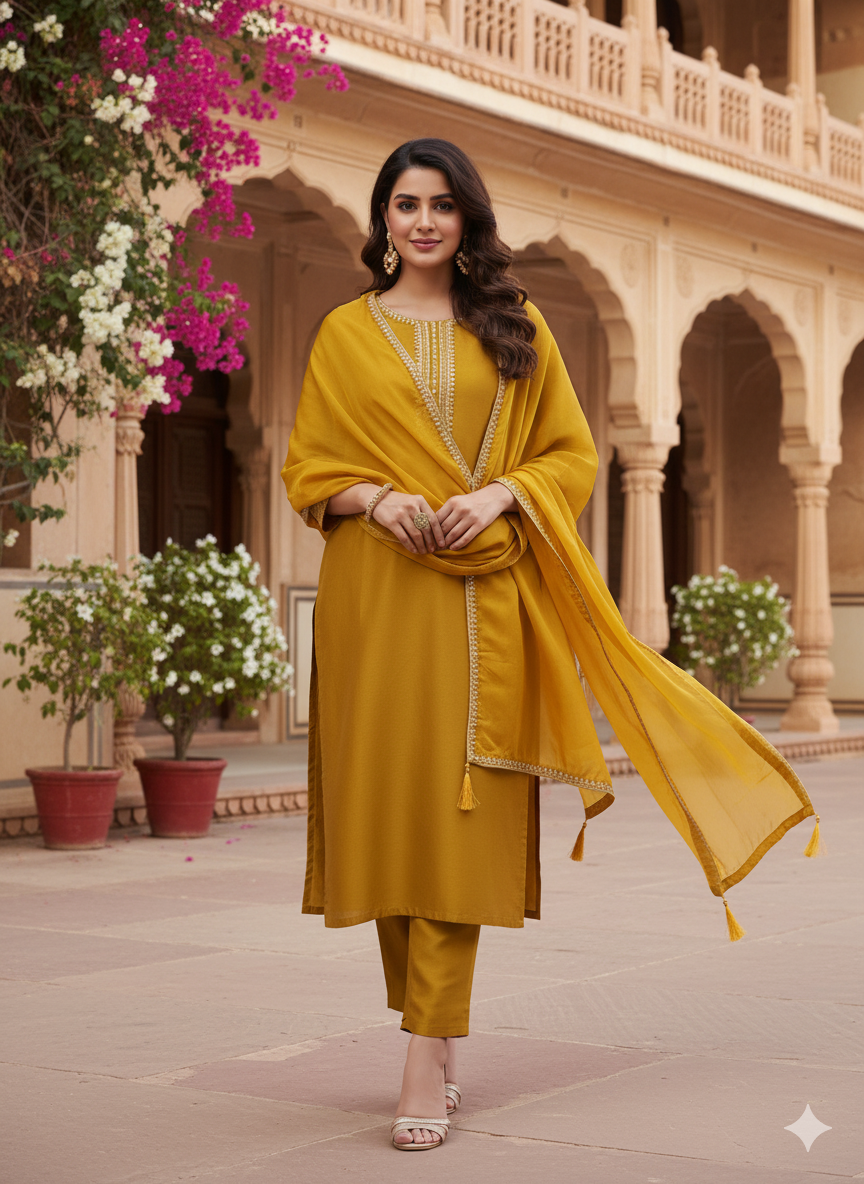 Mustard Embroidered Chinon Kurta with Dupatta Set | kurta sets for women | frontside full view