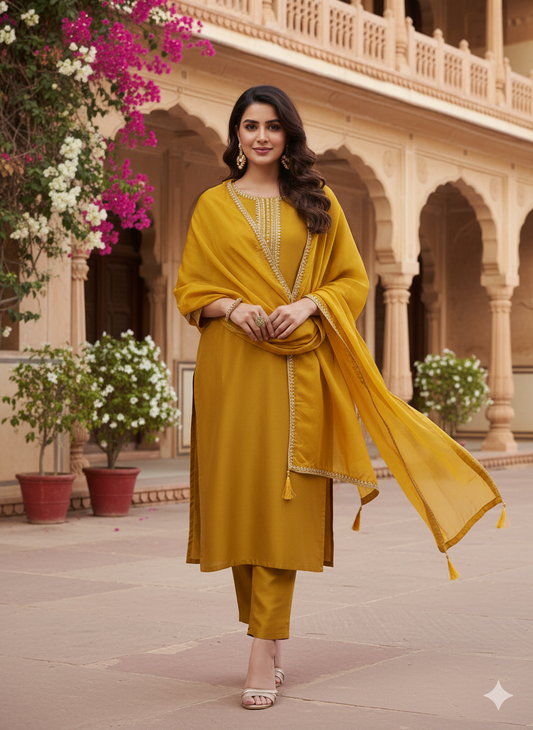 Mustard Embroidered Chinon Kurta with Dupatta Set | kurta sets for women | frontside full view