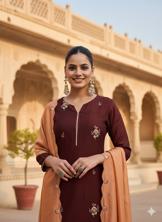 Coffee Embroidered Chinon Kurta with Dupatta Set | Embroidered Kurta Set | half image