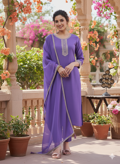 Lavender Embroidered Chinon Kurta with Dupatta Set | kurti set for women | frontside view