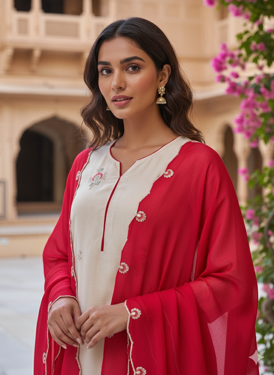 Cream Embroidered Chinon Kurta with Dupatta Set | silk kurta set for women​ | frontside half  view