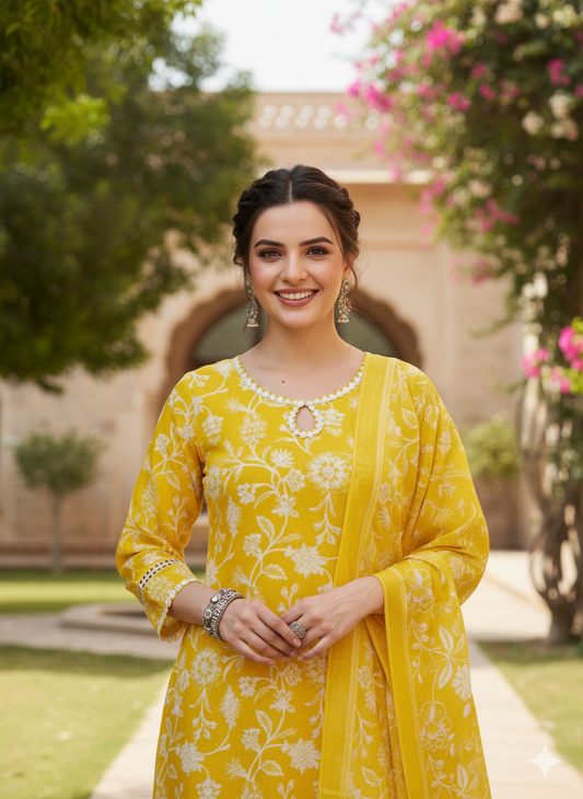 Yellow Floral Print Embroidered Cotton Kurta & Dupatta Set | cotton kurta set for women | frontside full view