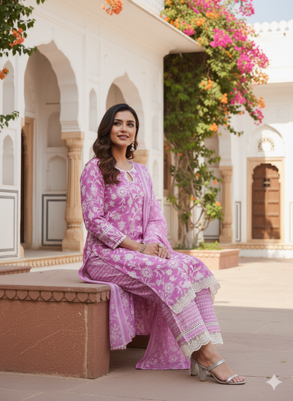 Purple Floral Print Embroidered Cotton Kurta & Dupatta Set| Embroidered Kurta Set With Dupatta | frontside Half view