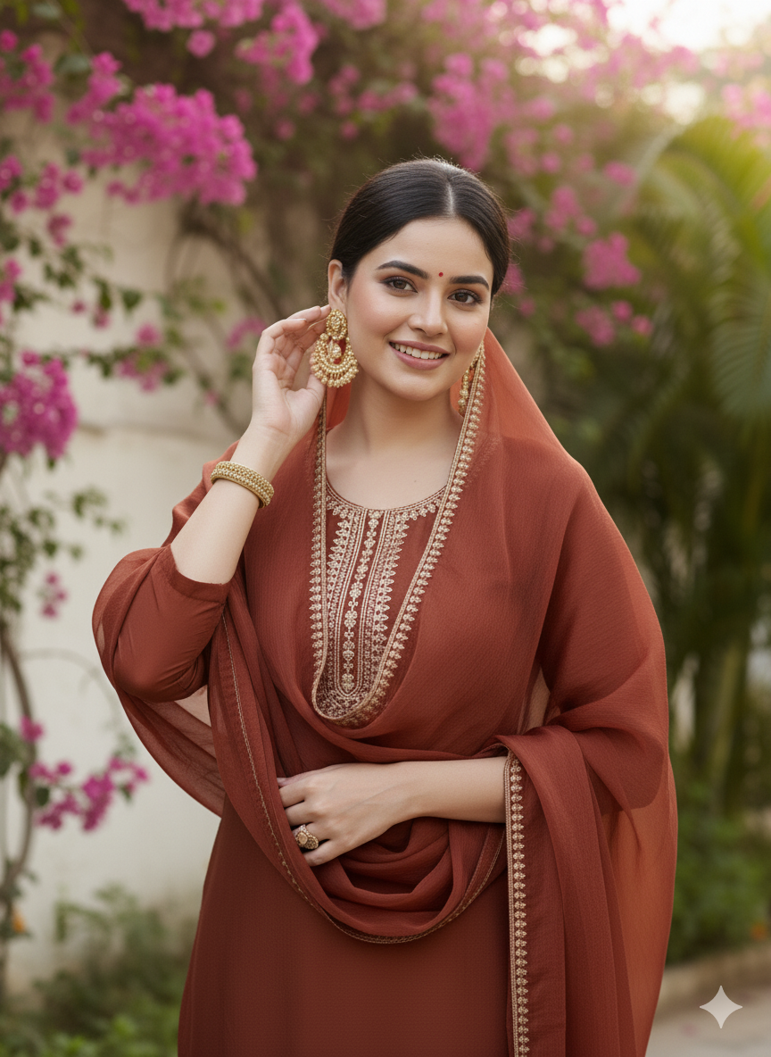 Coffee Embroidered Chinon Kurta with Dupatta Set | embroidered kurta set for women | Frontside half view