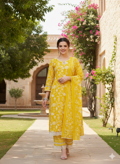 Yellow Floral Print Embroidered Cotton Kurta & Dupatta Set | cotton kurta set for women | frontside full view