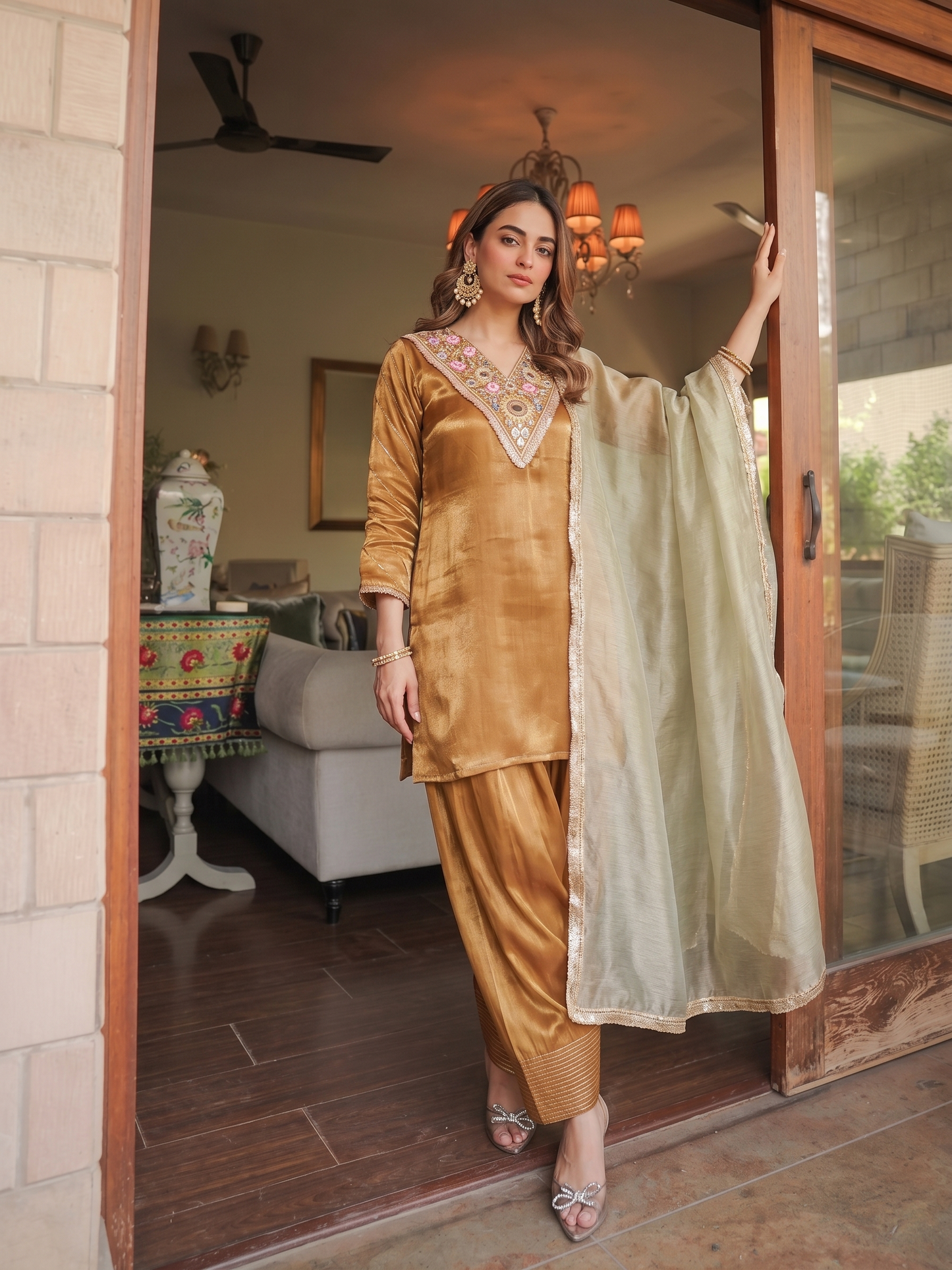 Mustard Silk Embroidered Kurta & Palazzo with Dupatta Set For Women