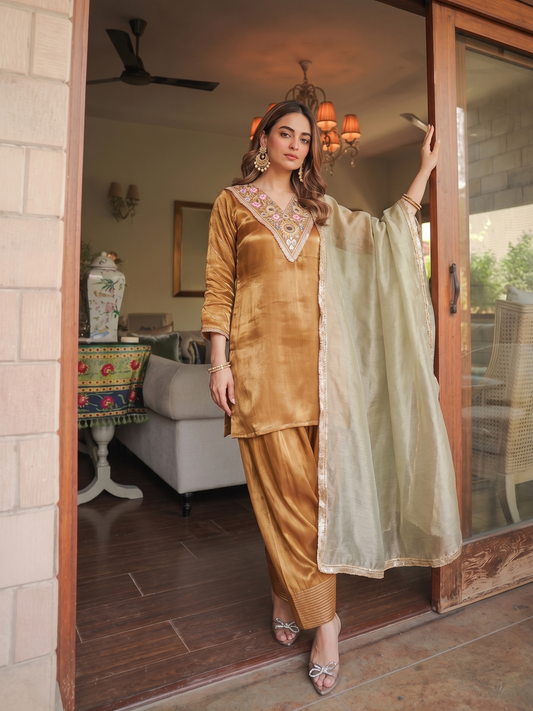 Mustard Silk Embroidered Kurta & Palazzo with Dupatta Set For Women