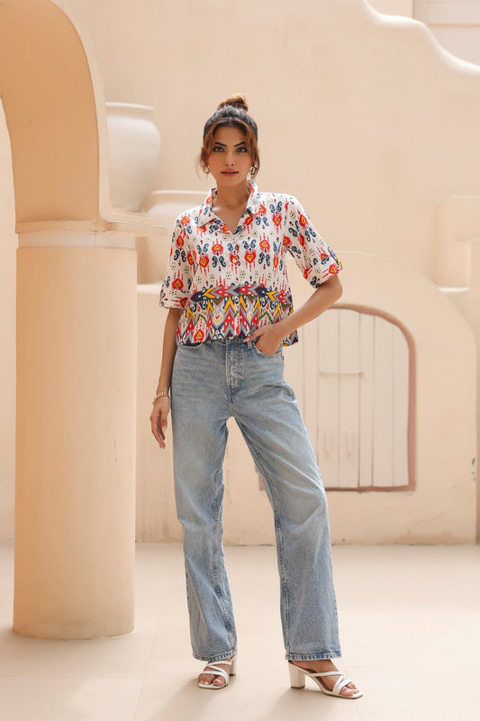 Geometric Print Cotton Shirt Top