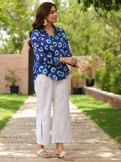 Geometric print spread collar shirt