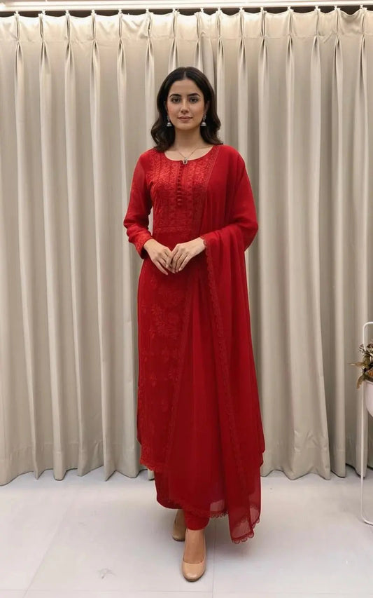 Georgette Chikankari Kurti Palazzo Dupatta Set Ethenika.com