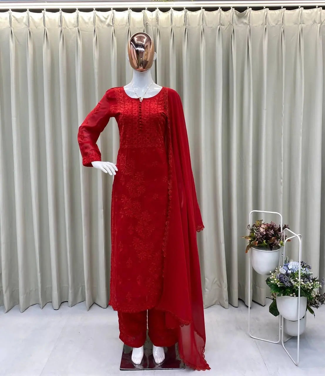 Georgette Chikankari Kurti Palazzo Dupatta Set (Ready to Wear) Ethenika.com