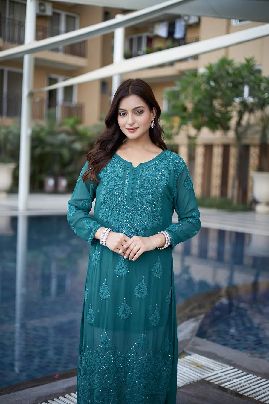 Georgette Mirror Work Chikankari Kurti Palazzo (Ready To Wear) Ethenika.com