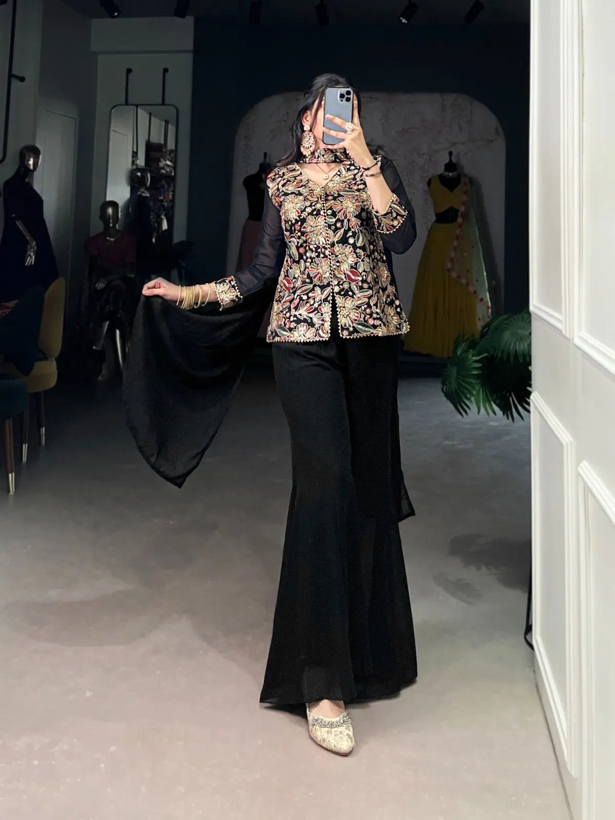 Georgette Threa Embroidery work Black Beauty Kurti Sharara Dupatta Set - Premium  from Ethenika.com  - Just INR 3990! Shop now at Ethenika.com 