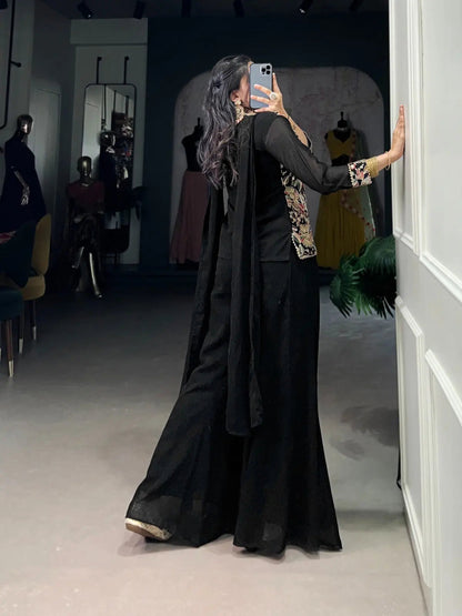 Georgette Threa Embroidery work Black Beauty Kurti Sharara Dupatta Set - Premium  from Ethenika.com  - Just INR 3990! Shop now at Ethenika.com 