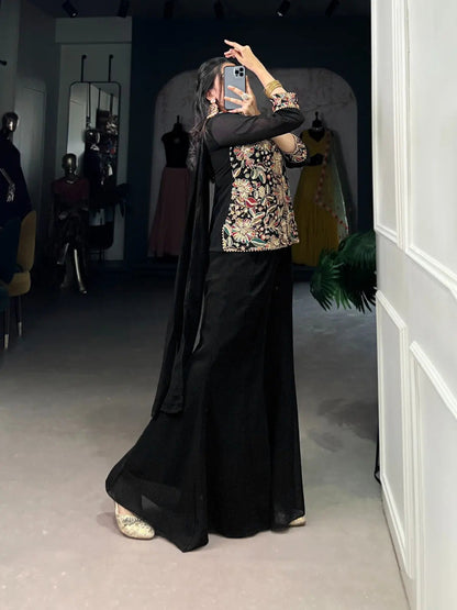 Georgette Threa Embroidery work Black Beauty Kurti Sharara Dupatta Set - Premium  from Ethenika.com  - Just INR 3990! Shop now at Ethenika.com 