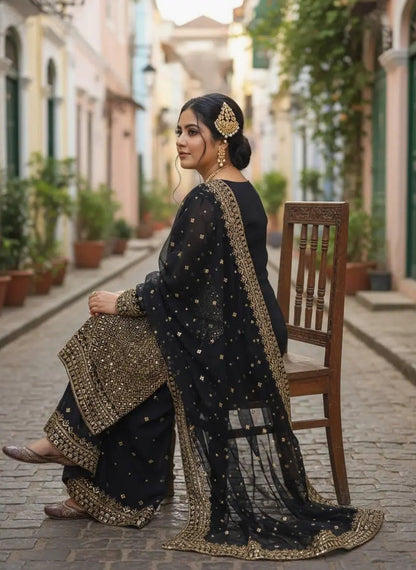 Georgette Zari Embroidery Work Kurti Palazzo Dupatta Set Ethenika.com