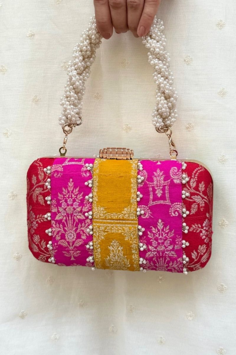Ghazal Pearl Embellished Silk Clutch - Multi Color