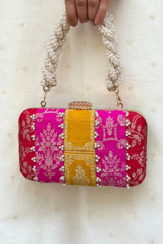 Ghazal Pearl Embellished Silk Clutch - Multi Color