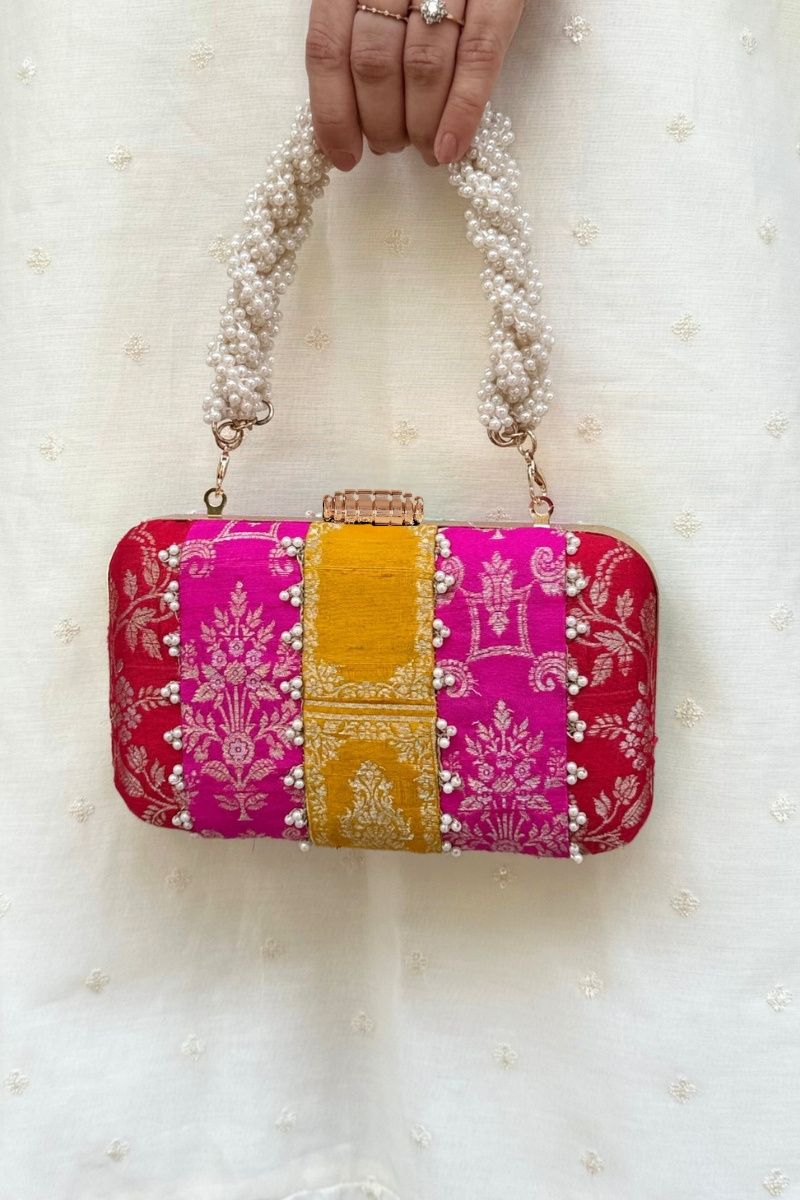 Ghazal Pearl Embellished Silk Clutch - Multi Color