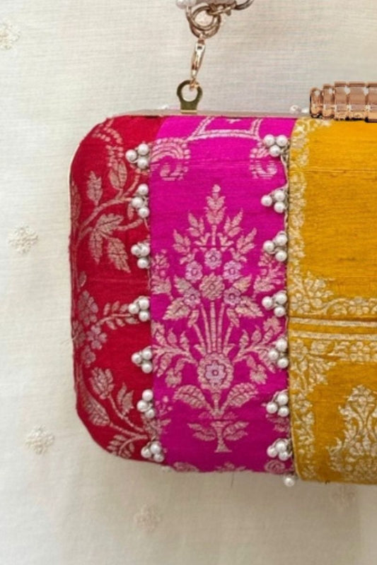 Ghazal Pearl Embellished Silk Clutch - Multi Color