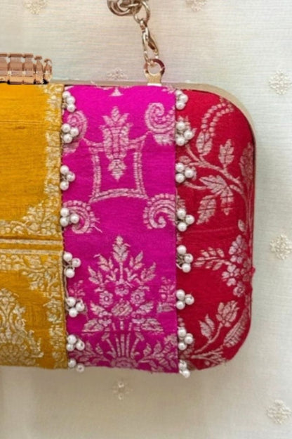 Ghazal Pearl Embellished Silk Clutch - Multi Color