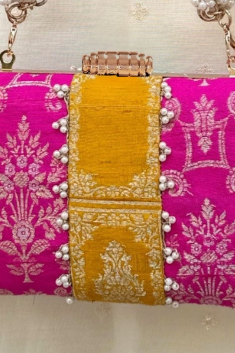 Ghazal Pearl Embellished Silk Clutch - Multi Color