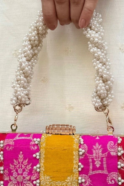 Ghazal Pearl Embellished Silk Clutch - Multi Color