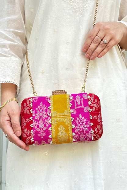 Ghazal Pearl Embellished Silk Clutch - Multi Color