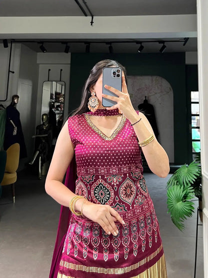 Ghazi Silk Block Print Golden Lagdi Patta work Kurti Palazo Dupatta Set (Ready to Wear) Ethenika.com