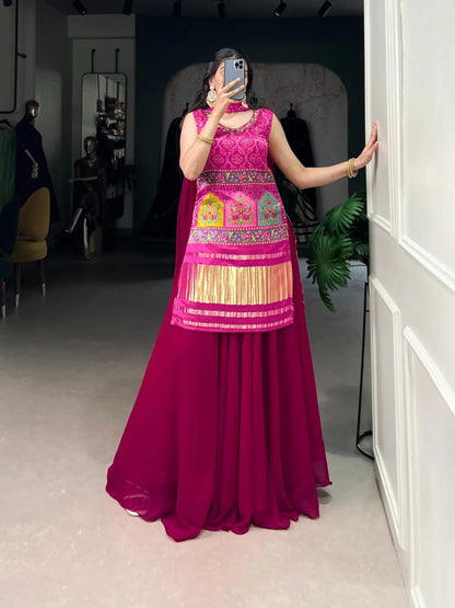 Ghazi Silk Block Print Golden Lagdi Patta work Kurti Palazo Dupatta Set (Ready to Wear) Ethenika.com