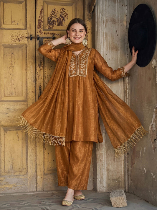 Golden Silk Anarkali Kurta Set with Pants & Dupatta For Women