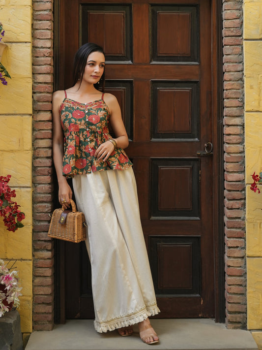 Green Floral Peplum Cotton Top