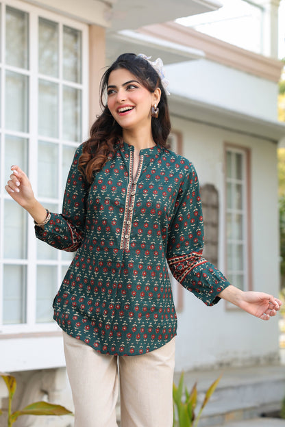 Green ethnic cotton top for women
