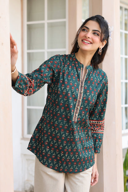 Green mandarin collar ethnic top