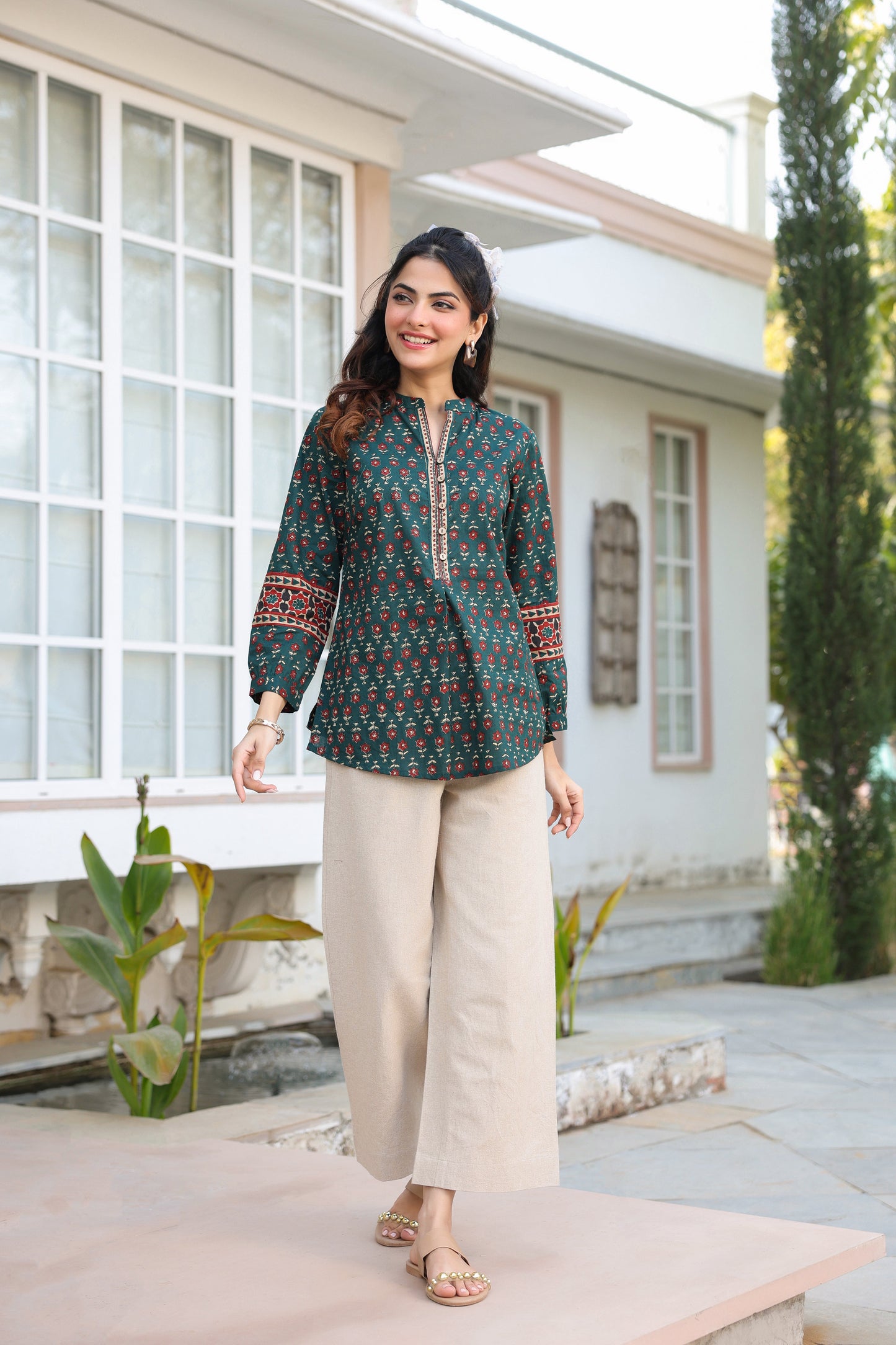 Green printed cotton top for women