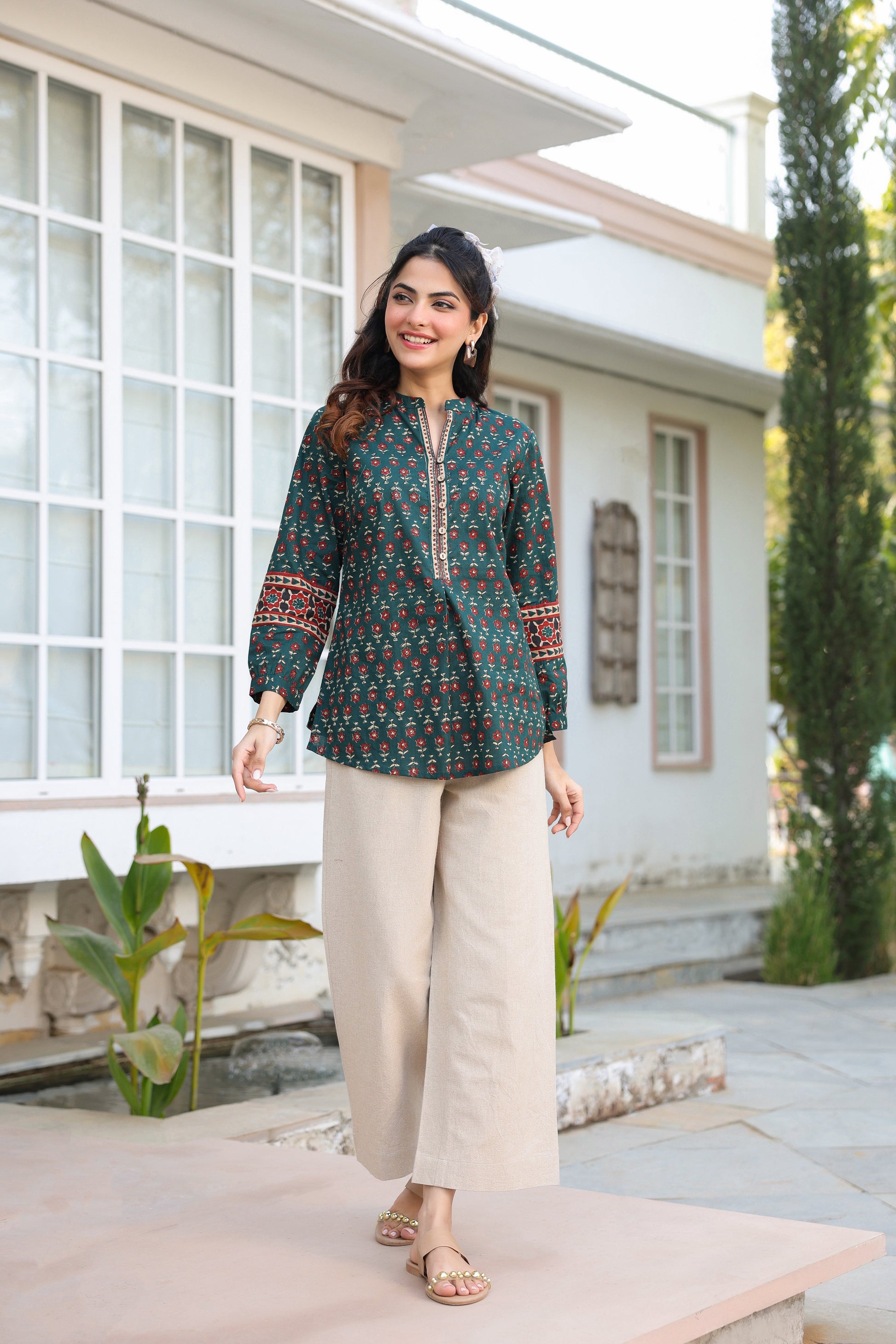 Green printed cotton top for women
