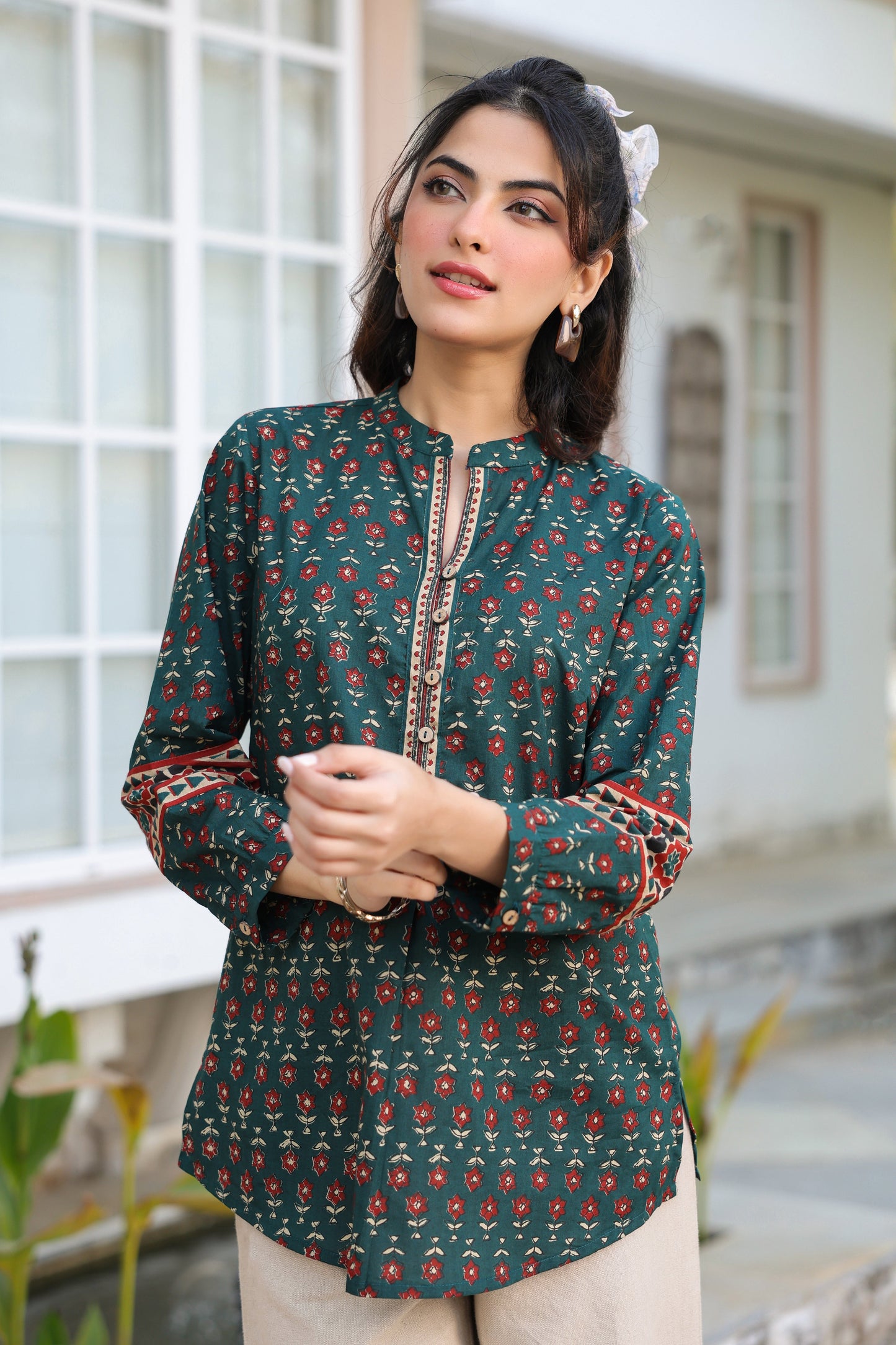 Green printed ethnic cotton top