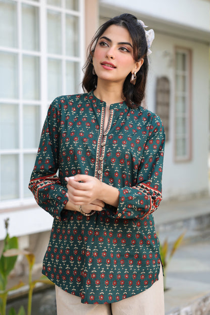 Green printed ethnic cotton top