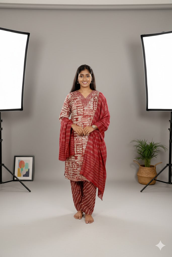 Red Printed Kurti Set With Dupatta For Women & Girls