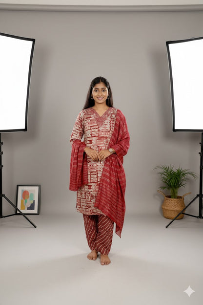 Red Printed Kurti Set With Dupatta For Women & Girls