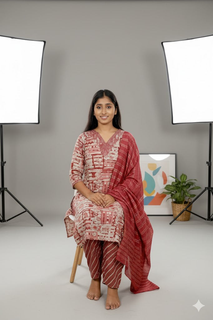 Red Printed Kurti Set With Dupatta For Women & Girls