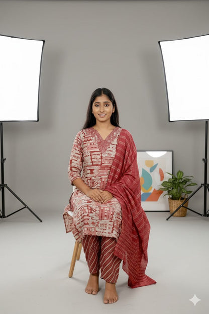 Red Printed Kurti Set With Dupatta For Women & Girls