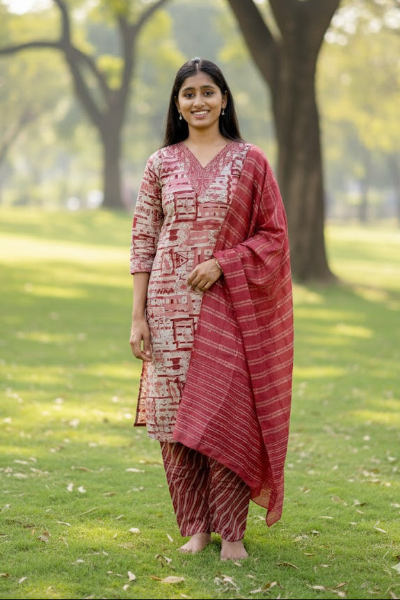 Red Printed Kurti Set With Dupatta For Women & Girls