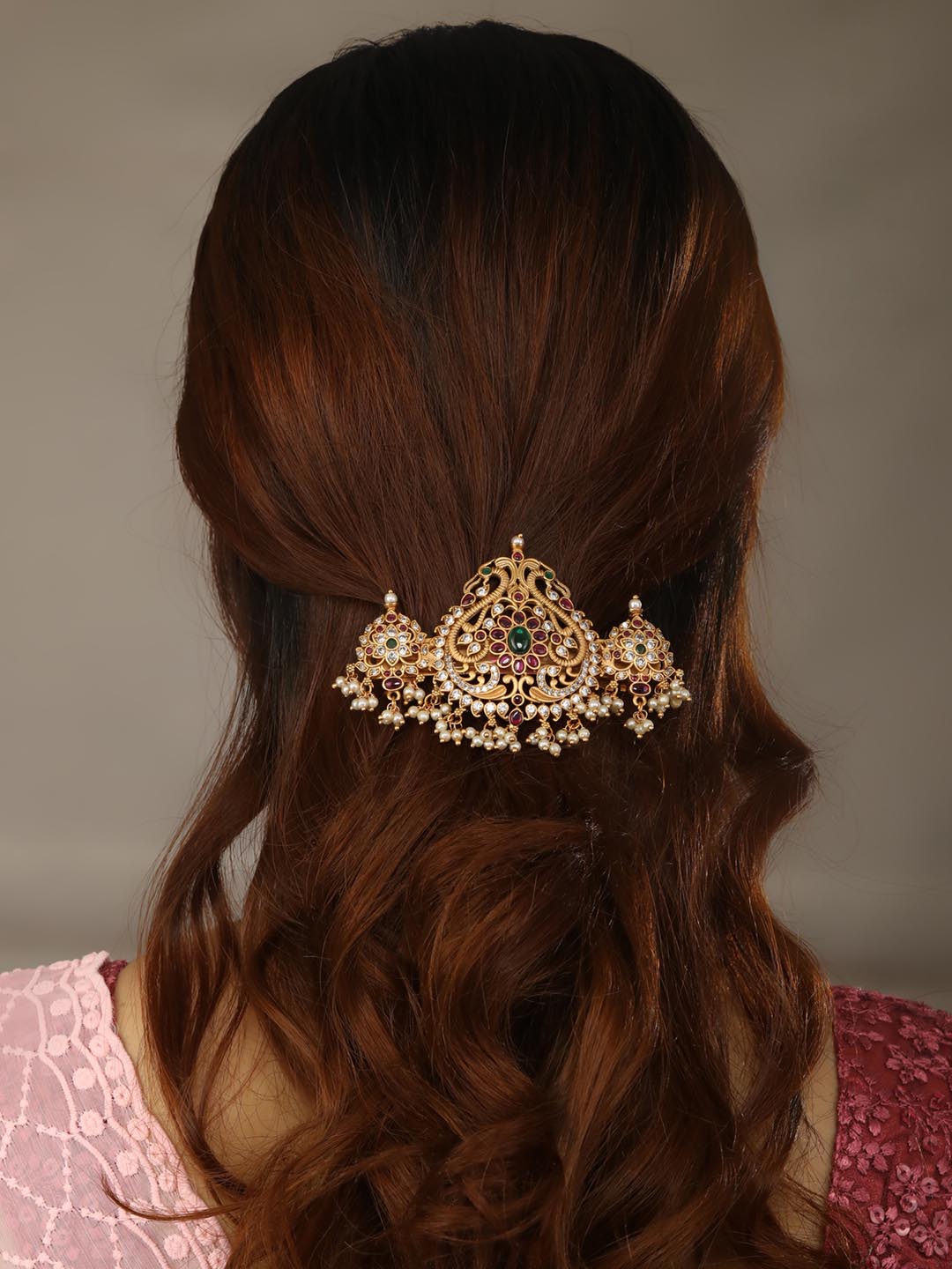 Saaj - American Diamond Kemp Stones Pearls Gold Plated Peacock Claw Clip Hair Accessory