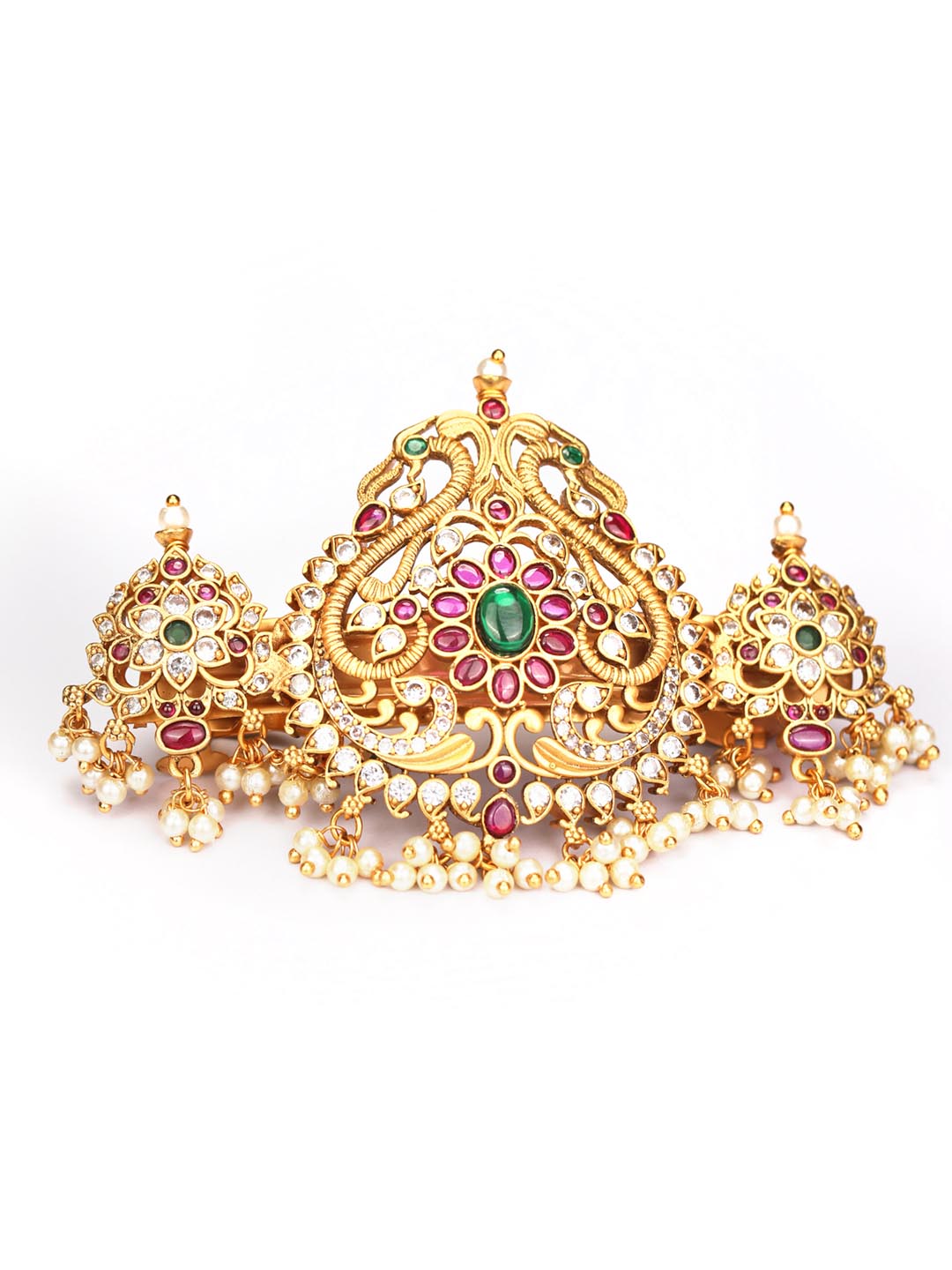 Saaj - American Diamond Kemp Stones Pearls Gold Plated Peacock Claw Clip Hair Accessory