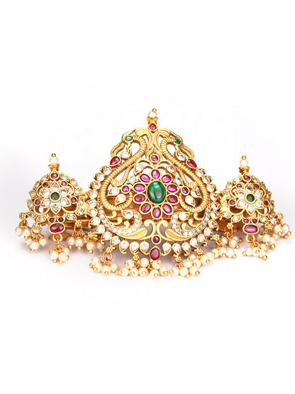 Saaj - American Diamond Kemp Stones Pearls Gold Plated Peacock Claw Clip Hair Accessory